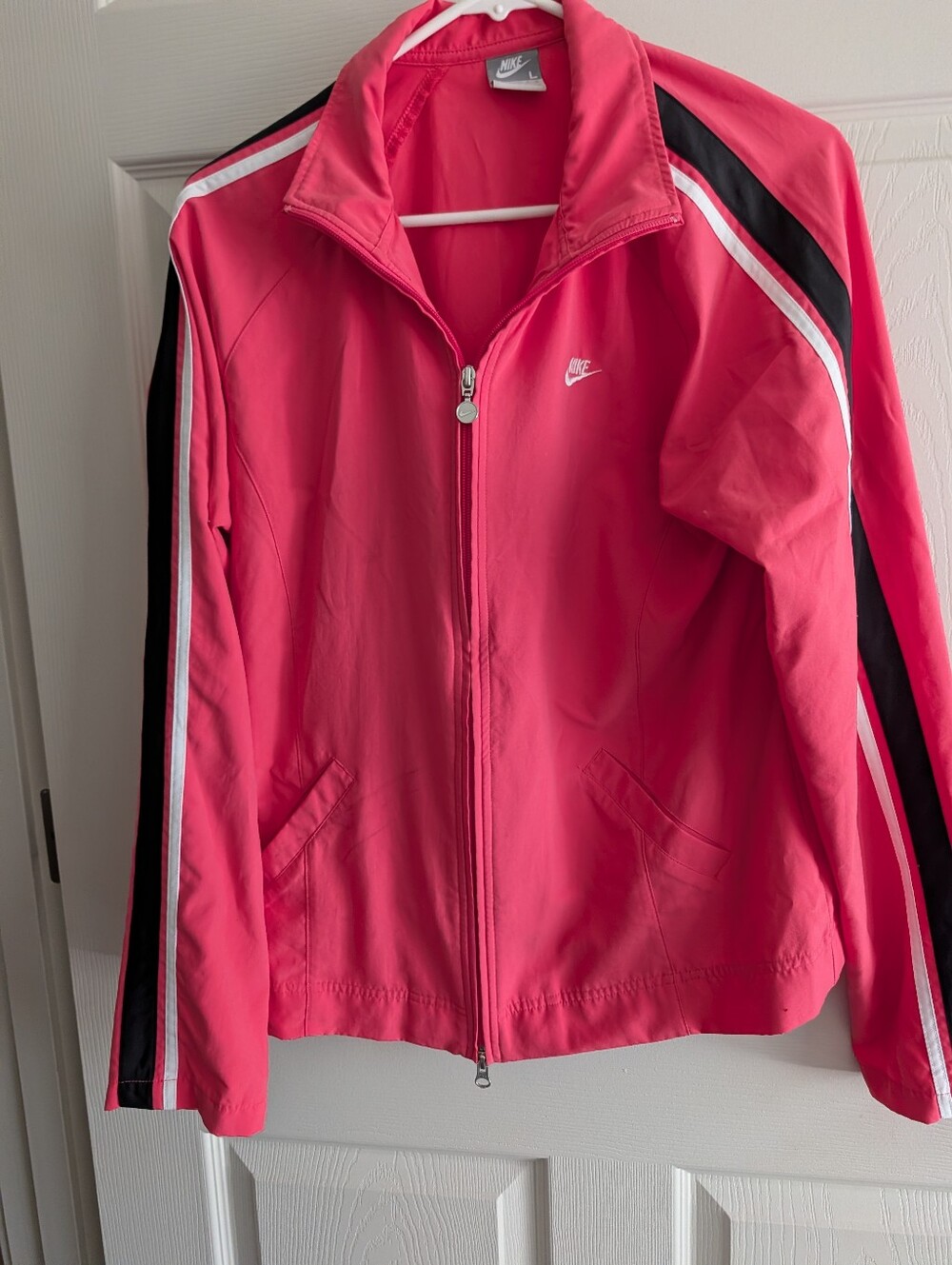 Nike Pink Women's Bomber Jacket with Black & White Stripes